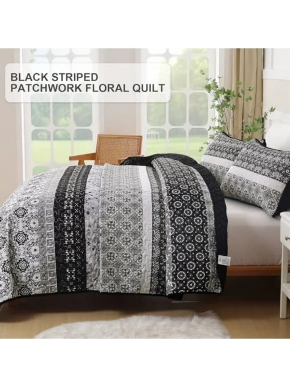 Stylish King Quilt Bedding Set - 3-Piece Black & Grey Striped Bedspread